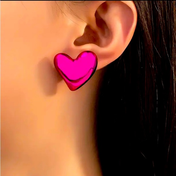 Fuschia Chrome Heart Earrings - Picture 2 of 5